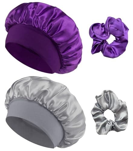 Loomify Gorro de Seda para Dormir, Gorros Saten Pelo Rizado, 2 Piezas Bonnet de Satén con 2 Coleteros para Mujeres y Niñas (Púrpura,Gris)