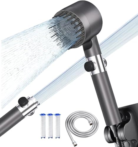 Cabezal de Ducha con Filtros Antical, Alcachofa Ducha Alta Presión, Alcachofa de Ducha con 4 Modos, con Botón de ON/OFF Adecuado para la Limpieza de Mascotas/Baños, Gris Plateado