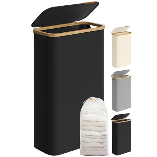 SONGMICS Cesto de Ropa Sucia con Tapa, Cesta Ropa Sucia Delgada, 65 L, Ahorra Espacio, Forro de Malla Extraíble, Tejido Oxford, Asas Bambú, Plegable, 42 x 22,5 x 70,5 cm, Negro Tinta LCB506B01