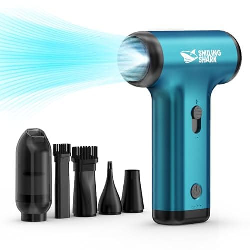 Smiling Shark Soplador de Polvo Eléctrico, JF-01 Motor Sin Escobillas Velocidad Sin Escala 130000RPM 5kpa con Luz LED Plumero de Aire Comprimido Recargable para Limpieza PC/Coche/Sofá, (PRO Azul)