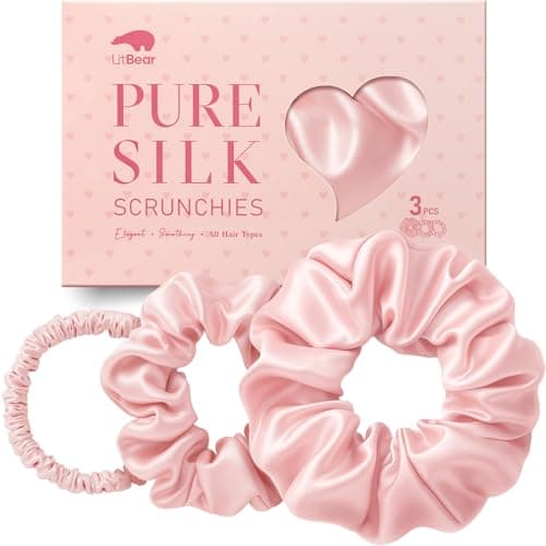 Litbear Juego de 3 gomas para el pelo de seda 100% pura de morera en 3 tamaños, anillos de seda para dormir, suaves para el cabello contra la rotura del cabello (rosa + morado + negro)