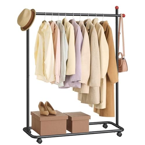 SONGMICS HOME Perchero, Perchero Metálico con Ruedas, 1 Barra para Colgar, Ganchos para Cerillas, Negro Tinta HSR170B01