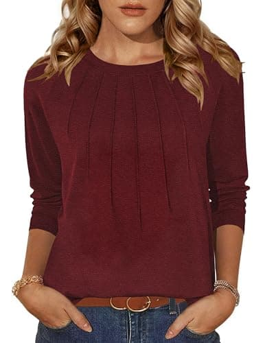Zeagoo Camiseta de manga larga para mujer, cuello redondo, camiseta casual plisada, parte superior de color sólido, camisetas básicas de otoño, túnica holgada, tops, tallas S-XXL, borgoña, S