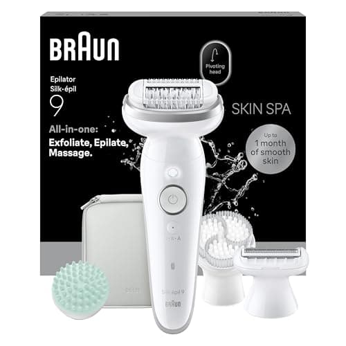Braun Silk·épil 9 SkinSpa Depiladora Eléctrica Mujer con Cepillo Exfoliante, Almohadilla de Masaje Y Peine Recortador, Depila, Rasura Y Recorta, Resistente al Agua, Depilación Suave Duradera, 9-080