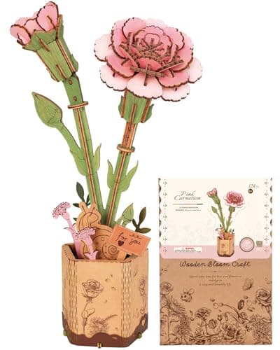Robotime Flor Puzzles 3D Madera, Maquetas para Construir Adultos, Maqueta Madera, Regalos para Mujeres en el Día de San Valentín & Cumpleaños (Clavel Rosa)
