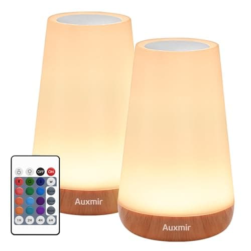 Auxmir Lámparas de Mesita de Noche 2 Piezas, Recargable 2500mAh por USB, Luz Nocturna LED con Control Remoto y Táctil, 13 Colores de Luz, 5 Brillos Regulable, Temporizador, para Dormitorio Habitación