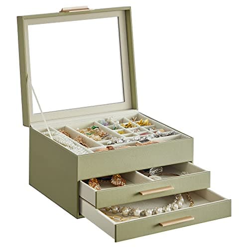 SONGMICS Colección GISELLA - Caja de Joyas, Caja Joyero de 3 Niveles, Estuche de Joyería, con 2 Cajones, Gran Capacidad, Estilo Moderno, Verde Laurel y Dorado, 20,3 x 23,1 x 13,5 cm JBC239C02