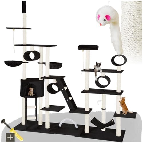 tectake® árbol rascador para gatos, con casita, 2 nidos giratorios, plataforma, hamaca, sistema antivuelco, ratón de juguete, cama para gatos, rascador gato, postes de sisal - 261 cm alto Negro