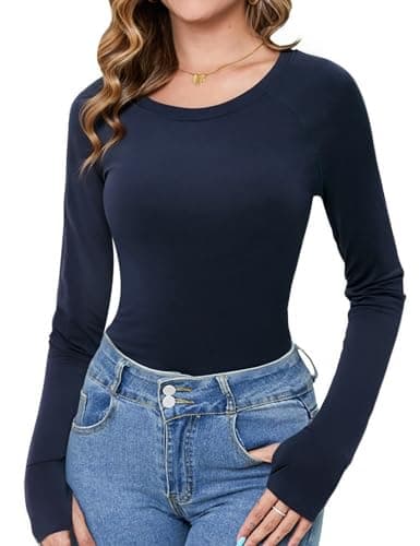 Crewhpo Camiseta Manga Larga para Mujer Básica Tops Cuello Redondo Slim Fit Ropa Interior Ligera Elástico Camisetas con Orificios para los Pulgares