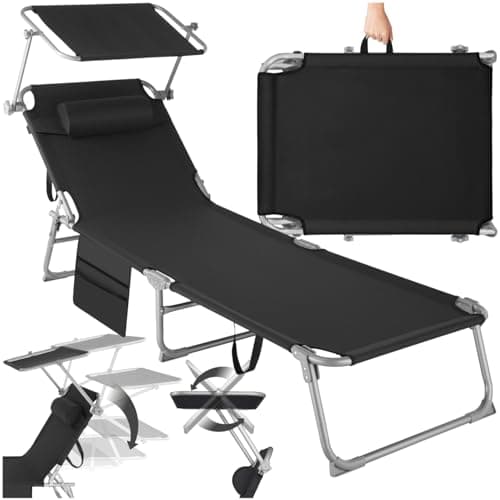 tectake® Tumbona Jardín Exterior de Acero, Tumbona Plegable con Reposacabezas, Parasol y Bolsillo Lateral, Tumbona Playa Reclinable 6 Posiciones, para Piscina Resistente a Intemperie - Negra