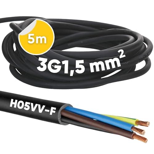 Kalitec H05VV-F - Cable de manguera (5 m, 3 x 1,5 mm², alimentación 3G1,5 mm², con conductor de protección, PVC para interiores, cable eléctrico negro, lámpara flexible