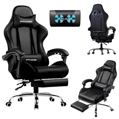 LUCKRACER Silla Gaming con Masaje Ergonómica | Reposapiés y Reposacabezas Retráctil | Soporte 150 kg | Oficina y Hogar | Color Negro