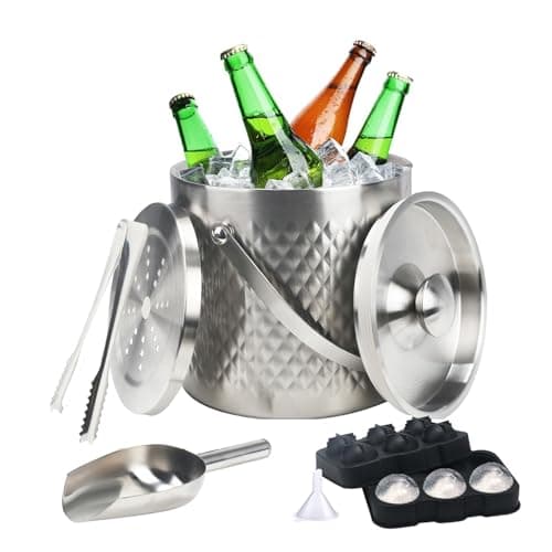 Minnhua 3L cubiteras para hielo grande hielera portátil cubiteras para botellas de doble pared de acero inoxidable champanera de diamante con Tapa Colador Cuchara hielo cubitos de hielo y Pinza