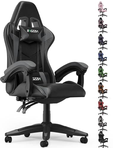 bigzzia Silla Gaming, Silla Ergonómica de Oficina en Cuero PU, Regulable en Altura con Soporte Lumbar y Reposacabezas, Respaldo Reclinable 155°, Silla Gamer Adulto Niño(Gray)