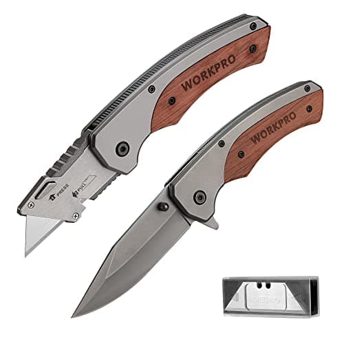WORKPRO Cúter Plegable y Cuchillo Plegable con Mango Madera, Cuchillo Plegable de Cambio Rápido, con Clip para Cinturón, con 10 Cuchillas SK5, Navaja Plegable para Camping