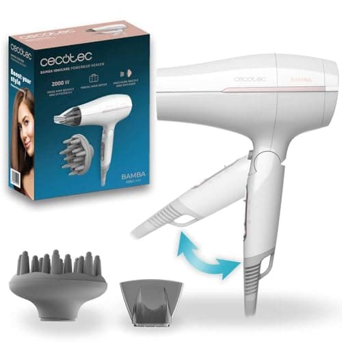Cecotec Secador de Pelo de Viaje Plegable IoniCare Power&Go Heaven. 2000W, 2 Temperaturas, 2 Velocidades, Función de Aire Frío, Incluye Boquilla Concentradora y Difusor