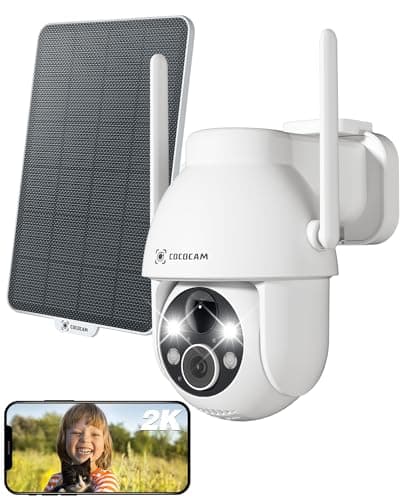 COCOCAM 2K Cámara Vigilancia WiFi Exterior con Panel Solar, PTZ Batería, Visión Nocturna a Color, AI Reconocimiento, PIR Detección, Cloud(Blanca)
