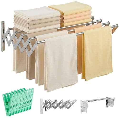 JUPPLIES Tendedero Extensible Pared 120 cm - Tendedero Plegable de Pared de Interior o Exterior Apto para Todo Tipo de Ropa con 5 Barras de Secado - Pinzas Incluidas