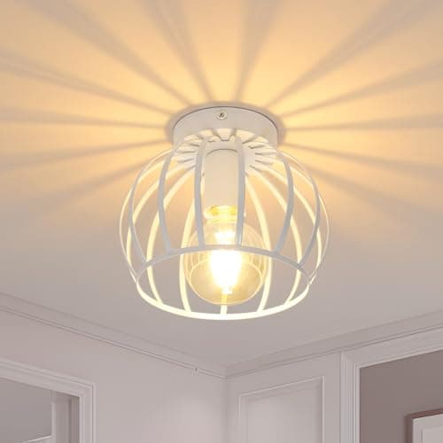 Comely Lámpara de Techo Vintage E27, Blanco Lámparas Colgante Diseño de Jaula Metálica, Industrial Iluminación de Techo Para Sala de Estar, Cocina, Dormitorio, Pasillo