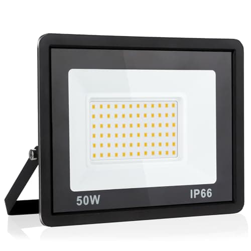 Fynokst 50W Focos LED Exterior Interior, 5400LM Súper Brillante Foco LED Exterior Interior, 3000K Luz Cálida, IP66 Impermeable Luz Exterior para Jardín, Garaje, Campo de Deportes, 1 Piezas