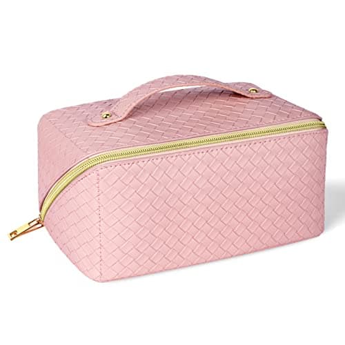 Aucuu Bolsa de cosméticos de Viaje de Gran Capacidad para Mujeres y niñas, Bolsa de Maquillaje de Almacenamiento en Capas Impermeable de Cuero de PU, con asa Organizador de Viaje portátil (Rosa)
