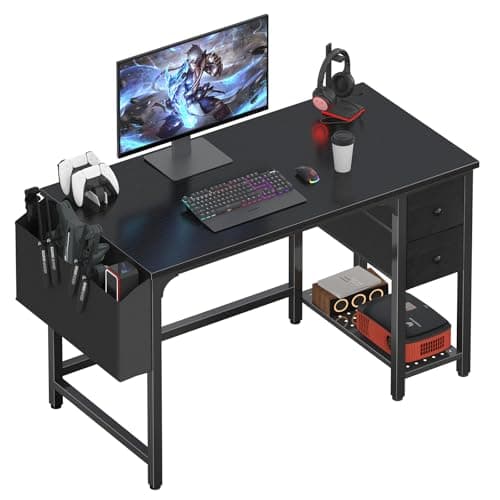 Lufeiya - Escritorio de computadora negro con cajones de tela, escritorio de juegos reversible de 100 cm para oficina en casa de espacio pequeño, escritorio de estudio moderno y simple para dormitorio