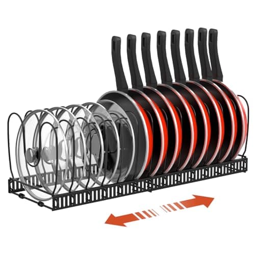 Housolution Organizador de Ollas y Sartenes, Extensible Organizador Tapas Ollas con 14 Compartimentos Ajustable, Soporte Tapas Ollas y Sartenes para Cocina, Negro