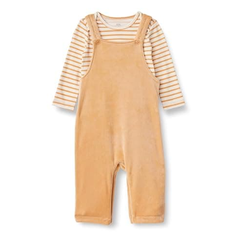 Amazon Essentials x Sofia Grainge Conjunto de Mono de Terciopelo y Bodi de Manga Larga Unisex Bebés, Pack de 2, Camel Claro/Rayas, 18 meses