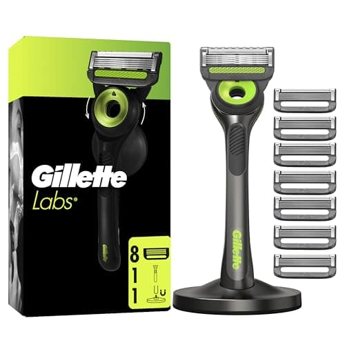 GilletteLabs Maquinilla de Afeitar Neon Night Edition con Recambios, 1 Mango de Metal con Barra Exfoliante Integrada, 8 Cuchillas con Banda Lubricante, 1 Soporte Magnético