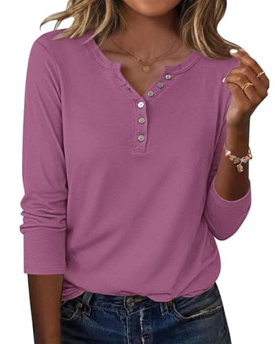 WNEEDU Camiseta Manga Larga Mujer Jersey Ligera Henley Camisas Cuello V Casual Blusa con Botones