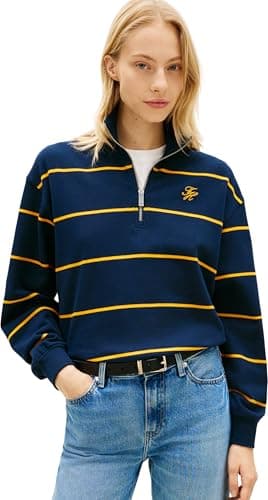 Tommy Hilfiger TH Script Reg Half-Zip Ww0ww49258 Sudadera con Media Cremallera, Blue (Fine STP Dark Night/Orange Flash), XS para Mujer