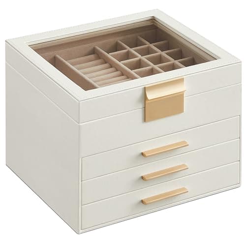 SONGMICS Colección GISELLA - Caja de Joyas, Caja Joyero de 4 Niveles, Estuche de Joyería, con 3 Cajones, Gran Capacidad, Estilo Moderno, Blanco Nube y Dorado, 20,3 x 23,1 x 16,5 cm JBC173W01