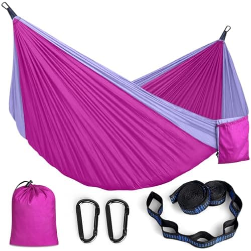 Hamaca Colgante Exterior Amaca Tela Paracaidista Ultraligera con Mosquetones y Correas Ajustables para Camping Jardin Terraza, 295x140cm, Capacidad 350kg, Rosa y Púrpura