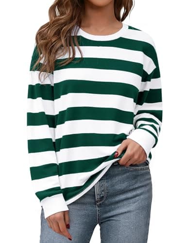 Aottori Sudadera Mujer A Rayas Algodón Camiseta Manga Larga con Cuello Redondo Tops Oversize Casual Básica Sweatshirts sin Capucha Otoño Invierno Verde M