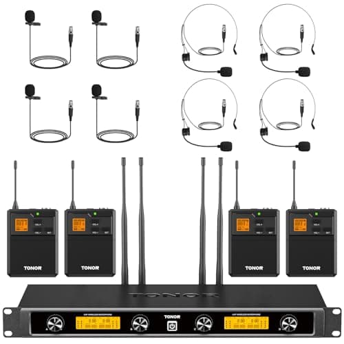 TONOR Sistema de micrófono inalámbrico UHF Diadema y Solapa duales, transmisores de petaca, Receptor Recargable, 4x5 Canales, Alcance 90M, grabación, Altavoces, Iglesias, Fiestas y mezcladores