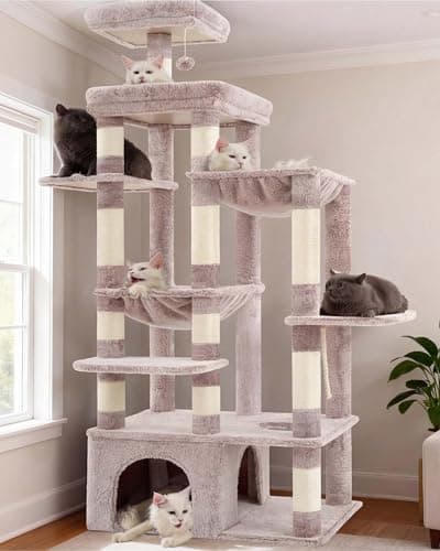 Heybly Árbol para Gatos, 180 Cm con Rascador para Gatos, Base Extra Estable, Plataforma XL, Casa Grande, 2 Hamacas, Ideal para Razas Grandes como Maine Coon, Beige Marrón HCT037MU