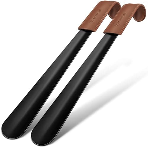 ZOMAKE Calzador de Acero Inoxidable Largo 42CM - Metalico Calzadores Largos,Mango de Cuero Para Mujeres Embarazadas y Personas de La Tercera Edad(2 Piezas Negras)