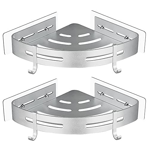 GRICOL Estante Ducha Sin Taladro Esquina Estanteria Baño con 4 Ganchos Metal Estantería Ducha Organizador Ducha 2 Piezas Plata