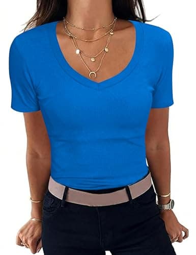 Aottori Camiseta Basica Mujer Verano Manga Corta Camisetas Elegante de Punto Blusas Cuello en V Elástico Ligero Sólido Casual Túnica Top Azul Real XL