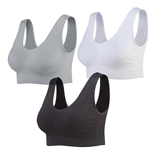 Lemef Paquete de 3 Sujetadores Deportivos sin Aros para Yoga con Almohadillas extraíbles, para Mujer, Negro y Blanco y Gris., X-Large