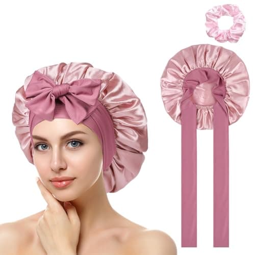 ACWOO Gorros De Satén para Dormir, Gorro de Seda Ajustable, Gorro para Dormir Suave de Satén, Gorros de Dormir De Seda con Banda Ancha para Mujeres y Niñas (Color de Pasta de Frijol)