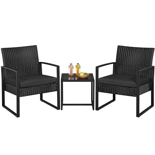 Yaheetech Conjunto de Mesa y Sillas de Jardín para Exterior Juego de Muebles de Jardin 2 Sillas Ratán con Cojines y Mesa Terraza con Tablero Vidrio de Seguridad para Terraza Balcón Negro