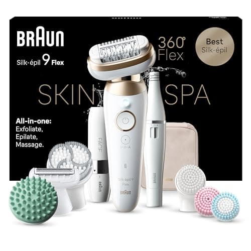 Braun Silk-épil 9 Flex SkinSpa, Depiladora Eléctrica para Una Eliminación del Vello Fácil, con Depiladora FaceSpa Y Minirrasuradora Facial, Resistente al Agua, 9-681 3D, Blanca/Dorada