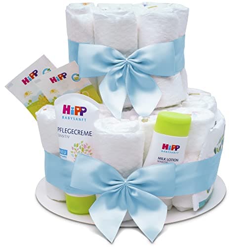 MilaBoo® Tarta de pañales de 2 niveles para niño con productos premium de HIPP I Regalo personal para bebés para bautizos y baby showers (azul)