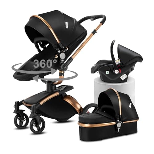 Doraystar 360° Rotación Cuero PU Carro Bebe 3 Piezas, Carrito Bebe 3 en 1 Plegable con Un Solo Clic, Cochecito Bebe 3 Piezas con Capazo Grande Cómodo, Carricoche Bebe 3 Piezas Alto Paisaje (906 Black)