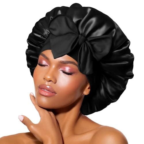BONNET QUEEN Gorro de Seda para Dormir Suave y Protector Gorro Saten Pelo Rizado con Lazos Largos Ajustables Silk Bonnet Antiencrespamiento, Negro
