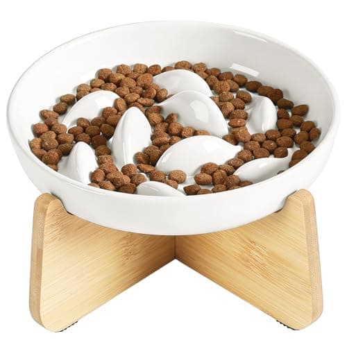 PETTOM Comedero Lento de Cerámica para Gatos con Soporte de Bambú Elevado – Cuenco para Gato y Perros pequeños con Sistema Antivoracidad, Plato de Gatos para Ralentizar Comida (Bol Blanco con pie)