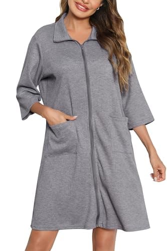 Lovasy Albornoz Waffle Mujer Verano Manga 3/4 Cremallera Albornoces De Casa Nido Abeja Ligero Respirable Con Bolsillos,Gris,L