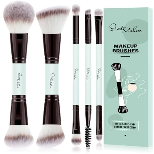 Start Makers Set de 5 Brochas de Maquillaje Doble Cara - 10 Cabezales (Base, Polvo, Contorno, Rubor, Cejas, Sombras, Labios) - Veganas y Portátil con Caja Regalo (Cian Claro)