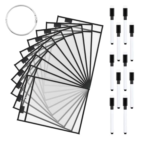 10 Piezas Escribir y Limpiar Bolsillos, A4 Dry Erase Pockets Impermeable, Bolsillos Transparentes y Borrable PVC, Bolsillo Reutilizables de Borrado En Seco con 10 Bolígrafos, Anillas (B)